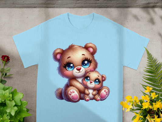 Light blue t-shirt with a cartoon of two brown teddy bears.