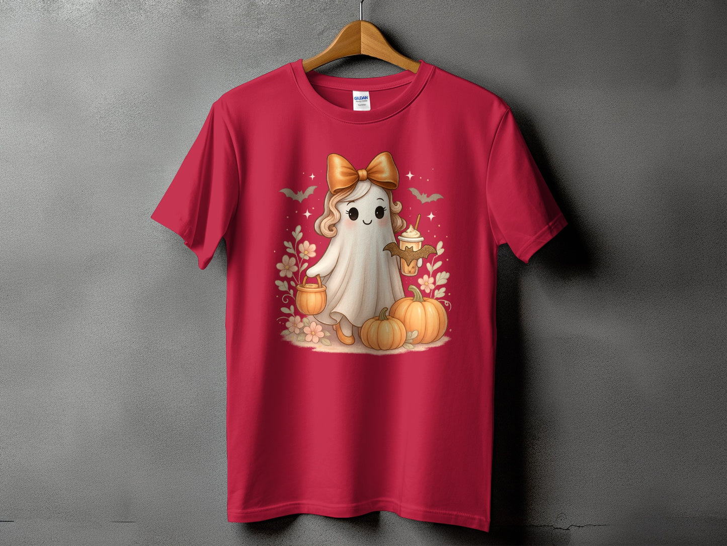 Cute ghost with bow, holding a drink, surrounded by pumpkins and bats.
