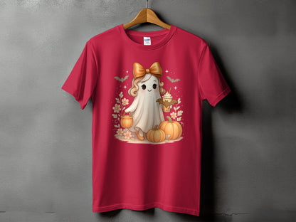 Cute ghost with bow, holding a drink, surrounded by pumpkins and bats.