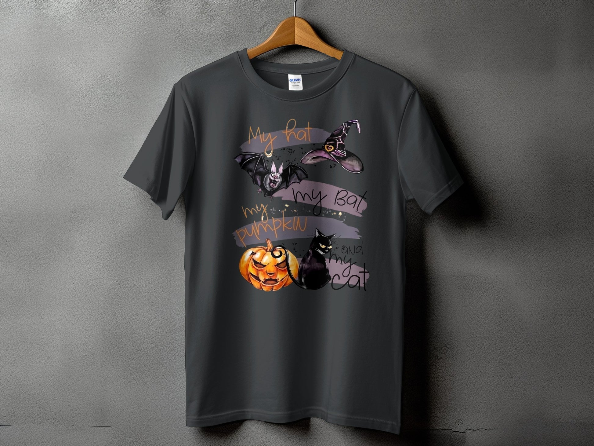 Dark gray t-shirt with Halloween graphic: my hat, my bat, my pumpkin, and my cat.
