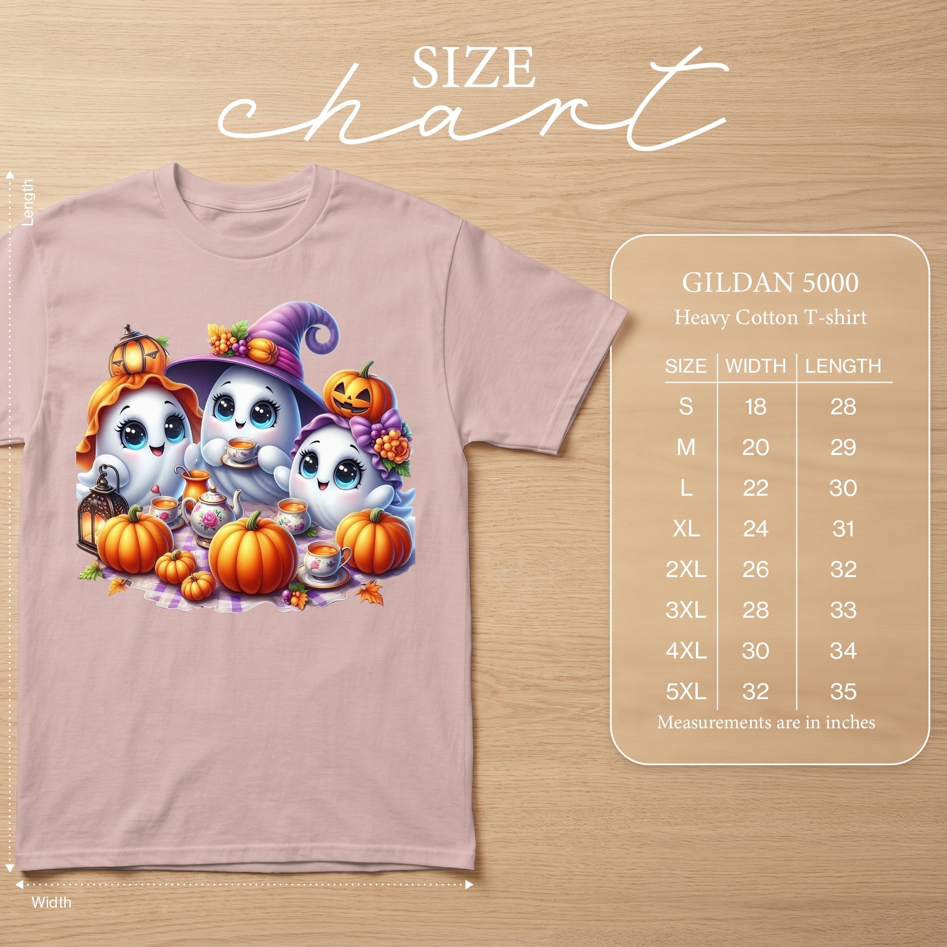 Pink t-shirt with cute ghosts, pumpkins, and tea set with size chart.