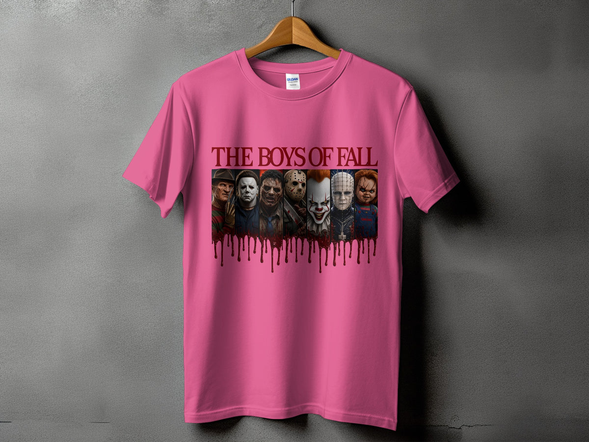 Pink t-shirt with "The Boys of Fall" and horror movie characters.