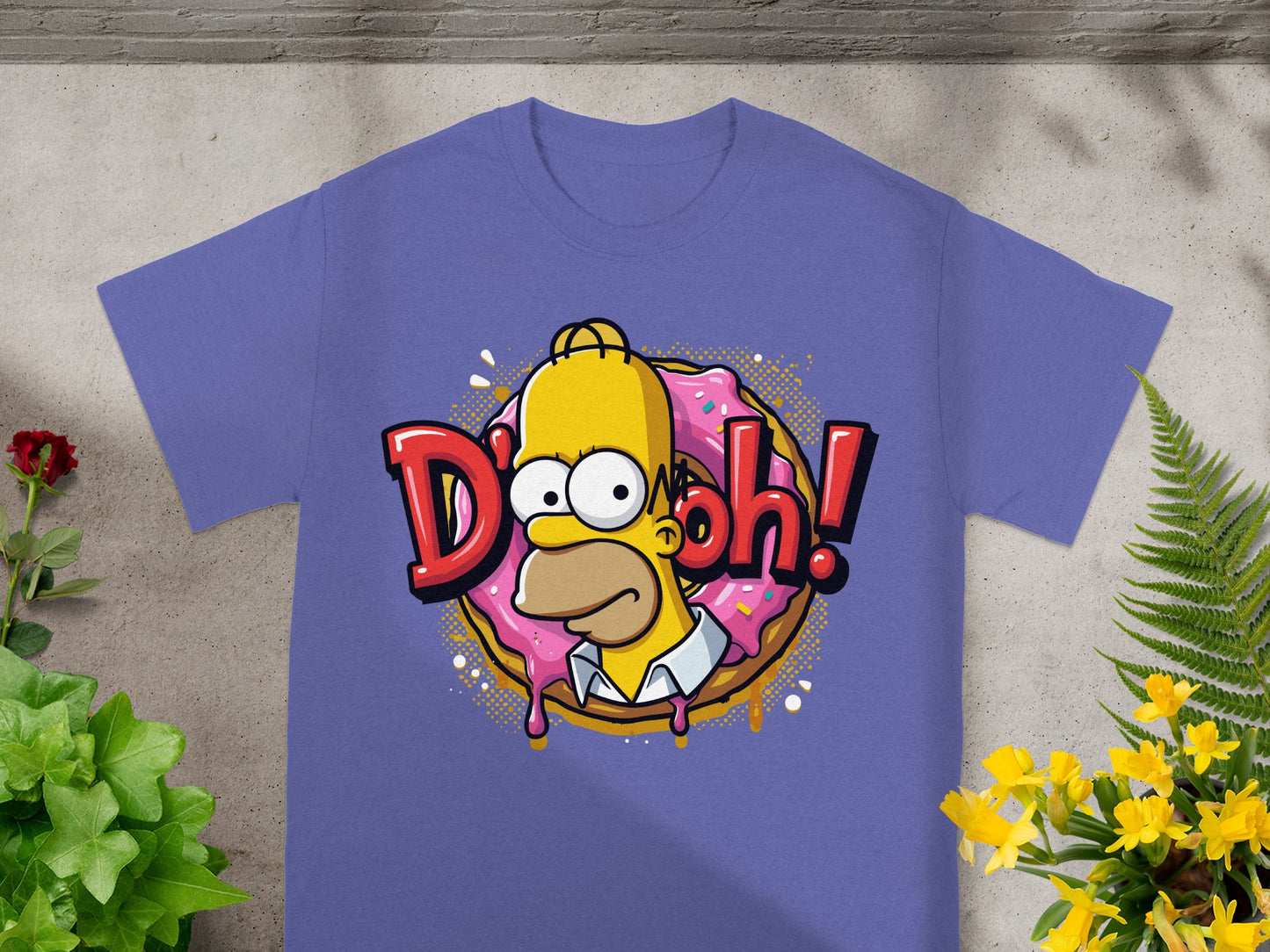 Homer Simpson saying "D'oh!" with a donut on a purple t-shirt.