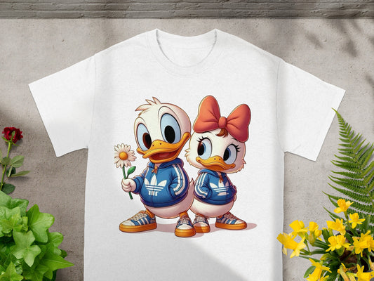 Daisy Duck and Donald Duck in blue tracksuits with a flower and bow.