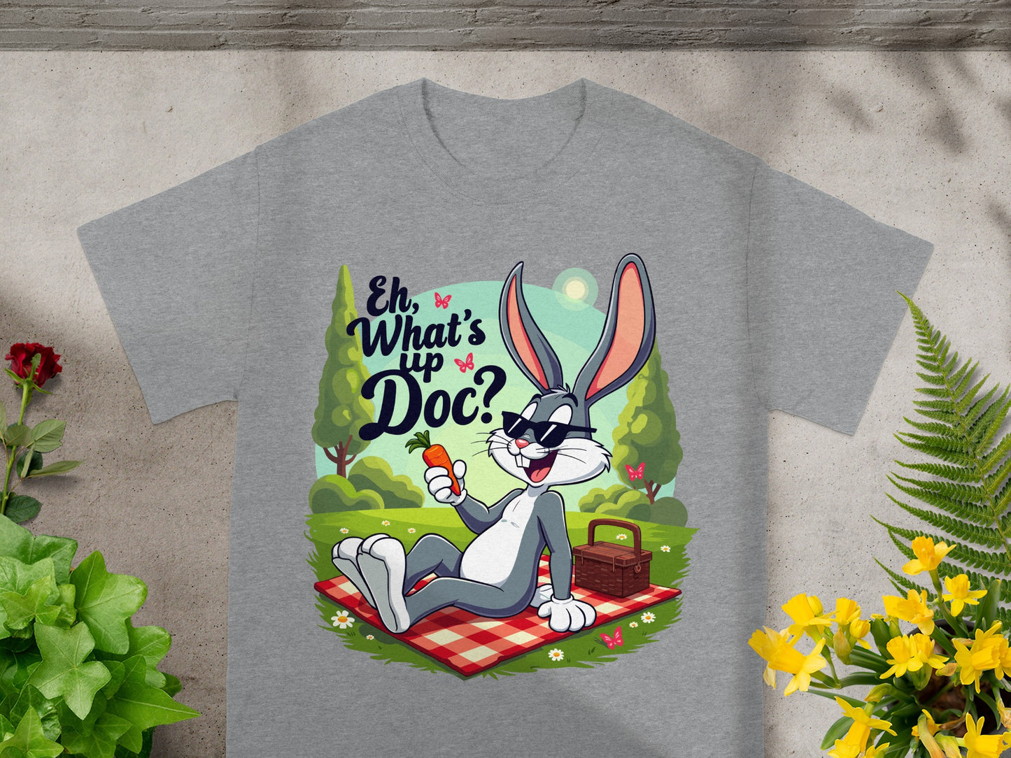 Grey t-shirt with Bugs Bunny wearing sunglasses holding a carrot.