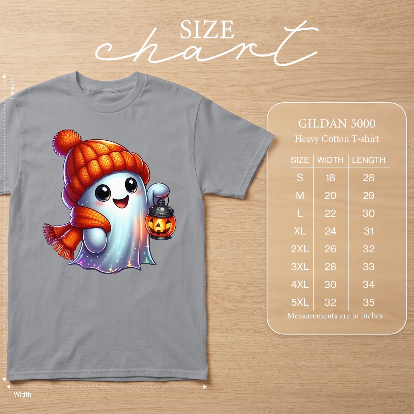Gray Gildan 5000 t-shirt with cute ghost design and size chart.