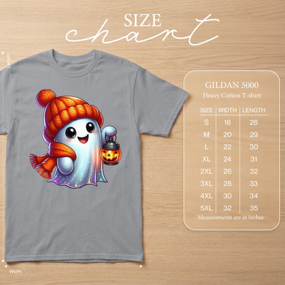 Gray Gildan 5000 t-shirt with cute ghost design and size chart.