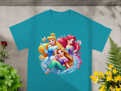 Turquoise t-shirt with Ariel, Cinderella, and Aurora surrounded by water.