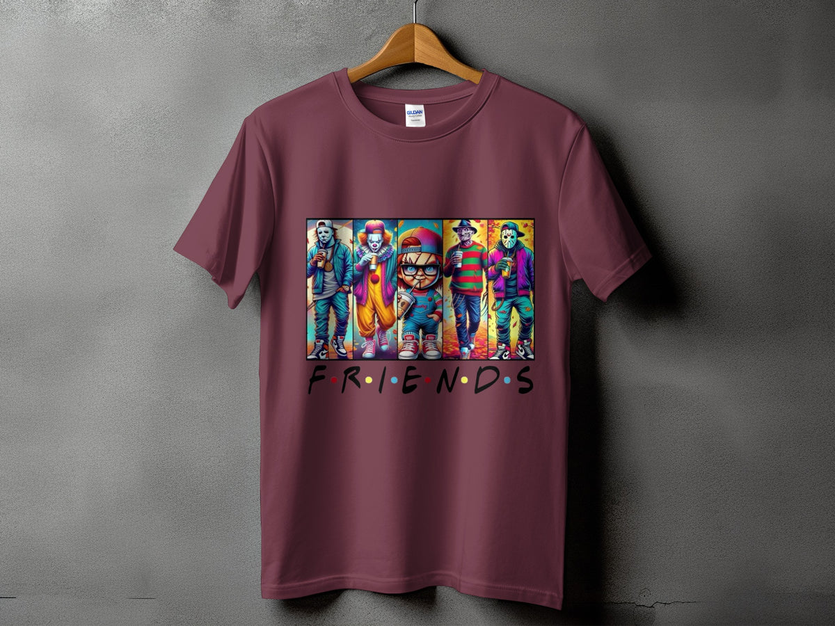 T-shirt featuring horror characters in a "Friends" style logo.