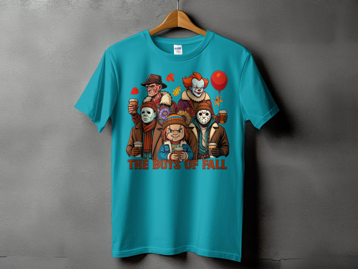 Teal t-shirt with illustration of horror characters and "The Boys of Fall" text.