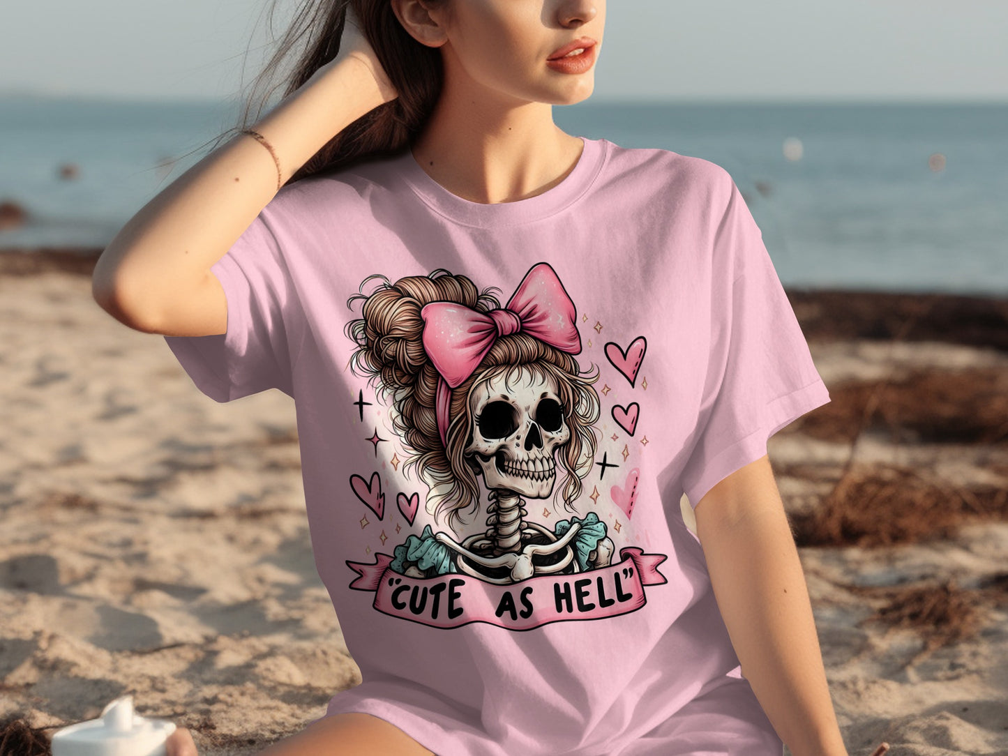 Cute As Hell Skeleton Graphic Tee with Pink Bow Design