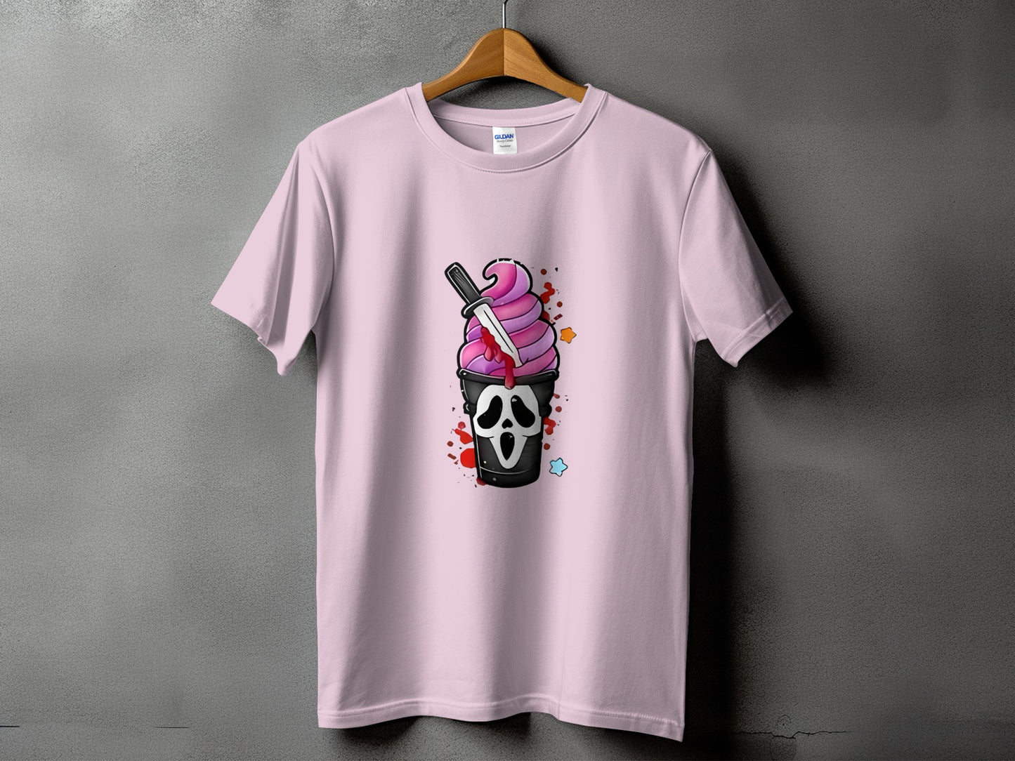 Pink t-shirt with a Scream mask cup holding a bloody ice cream cone.