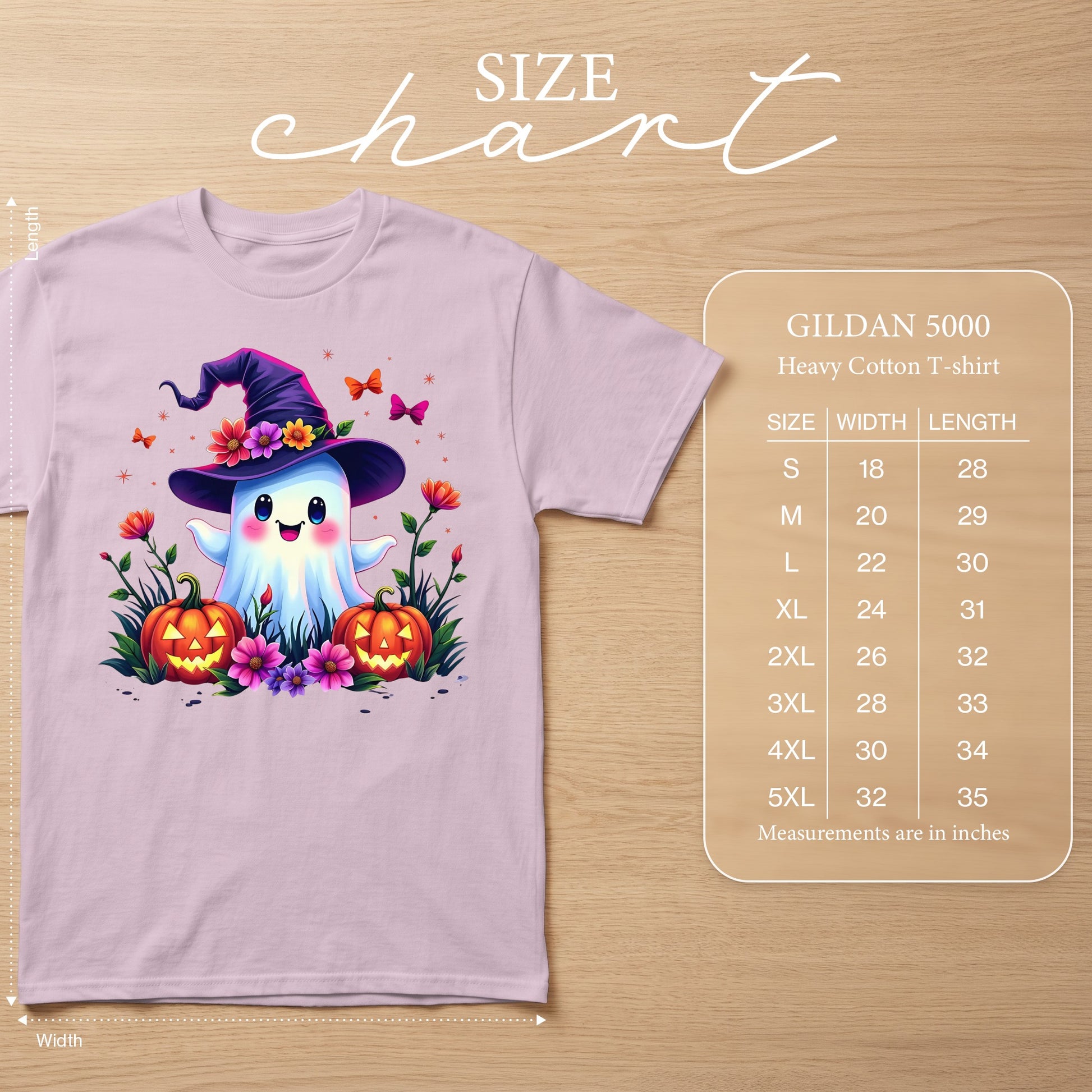 Gildan 5000 Heavy Cotton T-shirt size chart with ghost graphic.