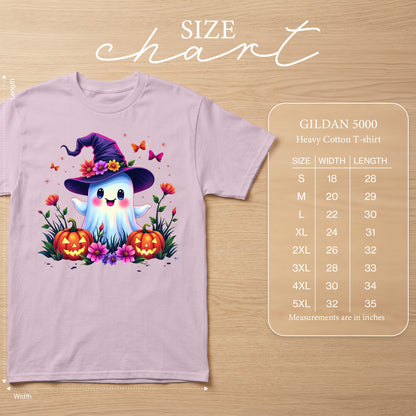 Gildan 5000 Heavy Cotton T-shirt size chart with ghost graphic.