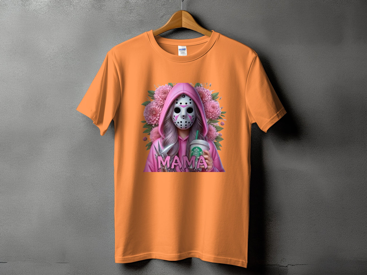 Orange t-shirt featuring a graphic of a person in a hockey mask holding a Starbucks cup and a knife.