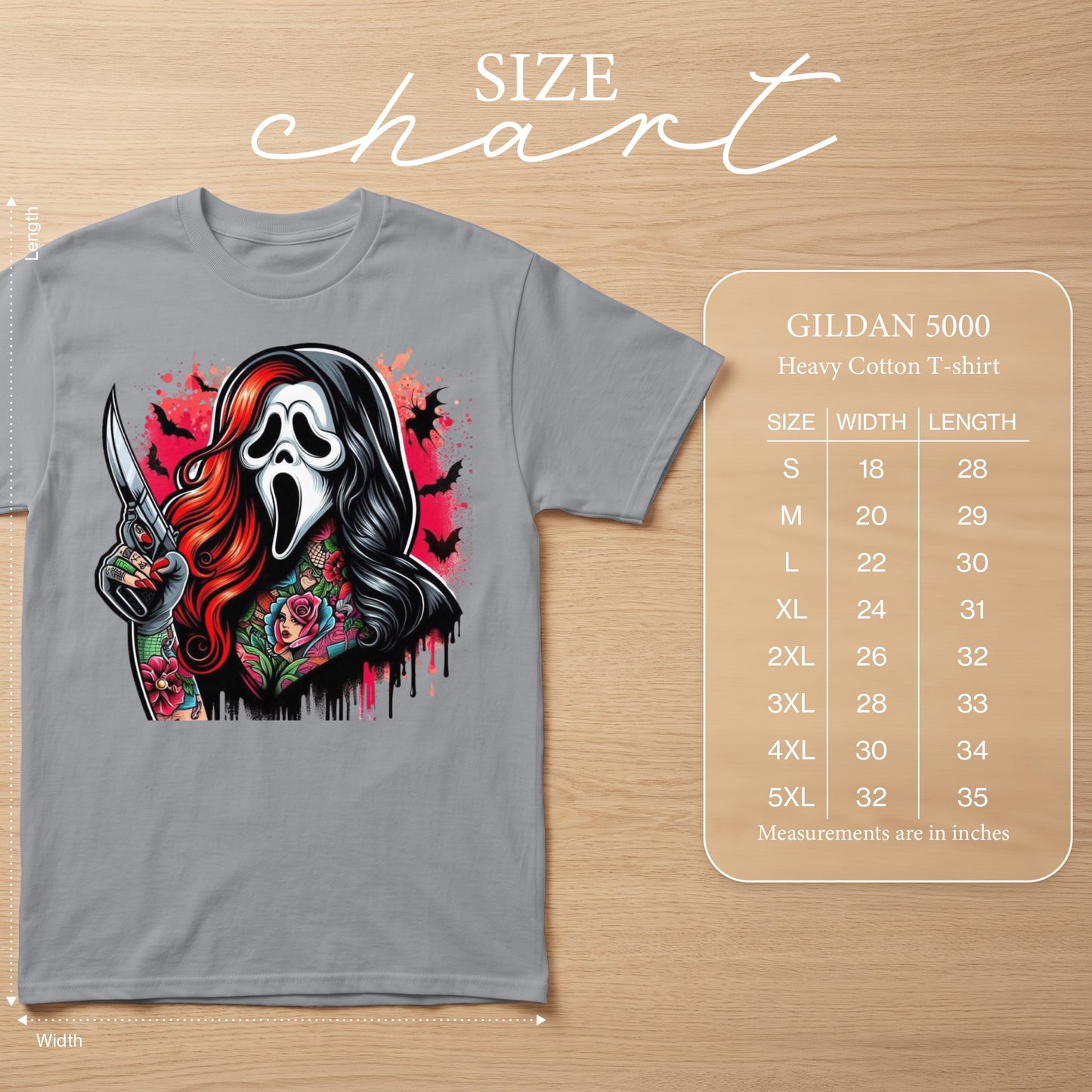 Gray Gildan 5000 heavy cotton t-shirt with Ghostface holding a knife. Includes size chart.