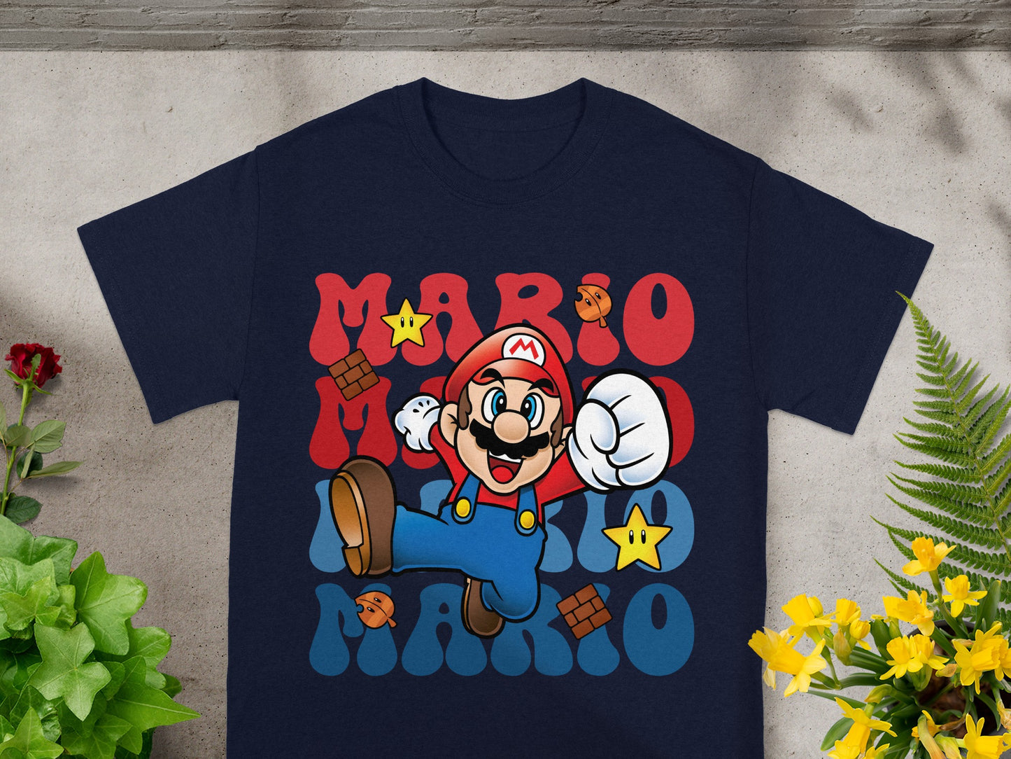 Navy t-shirt with Mario characters and "MARIO MARIO" text.