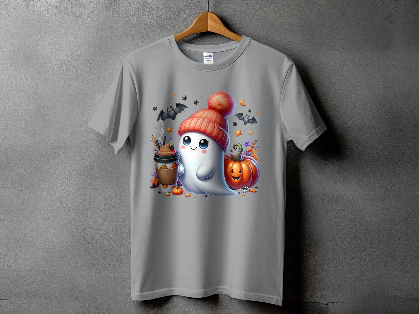 Cute ghost wearing a beanie holds coffee next to a pumpkin.