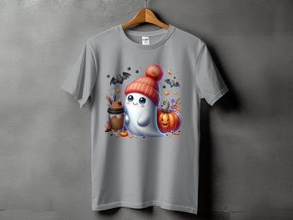 Cute ghost wearing a beanie holds coffee next to a pumpkin.
