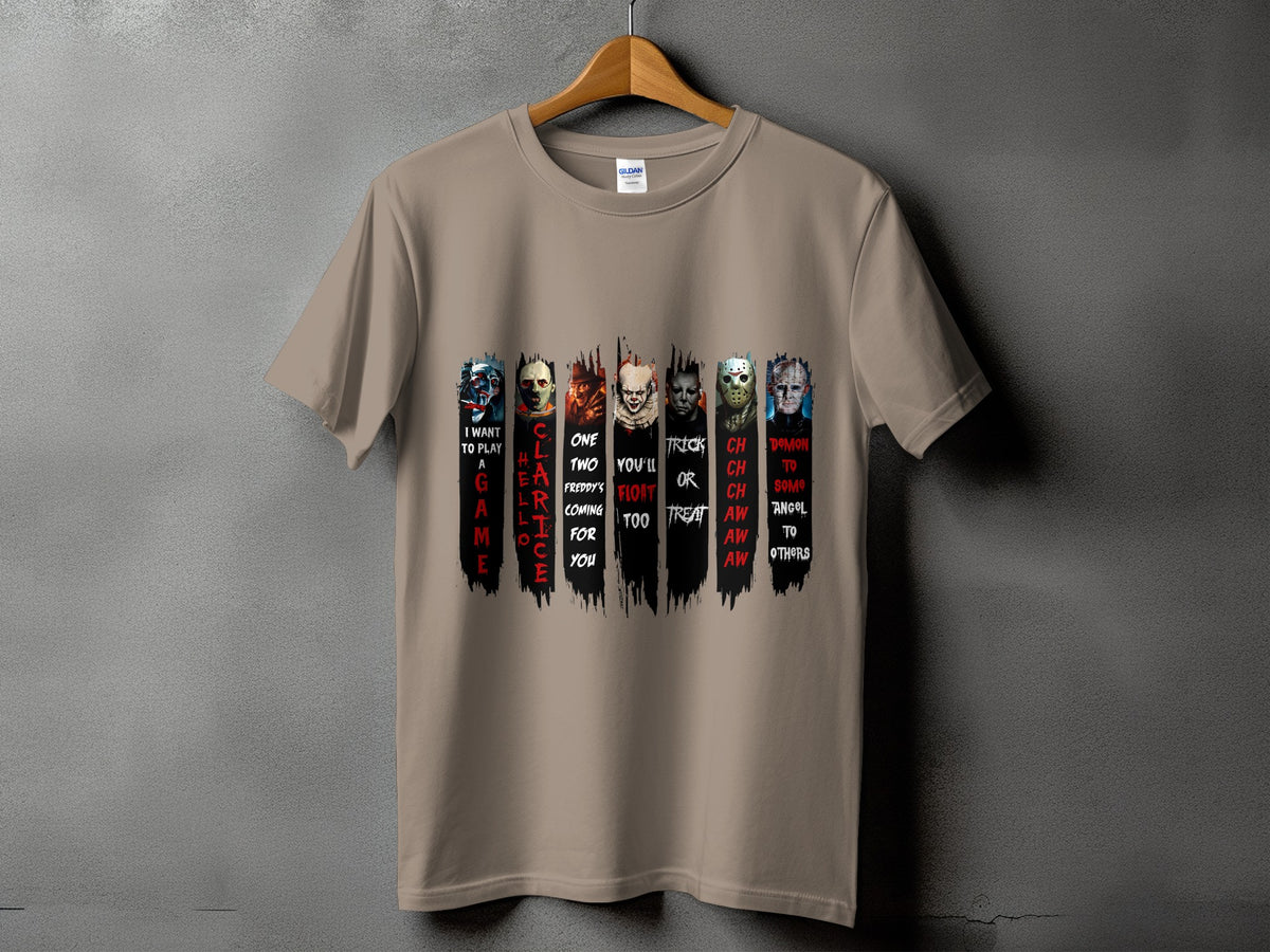 T-shirt with horror characters and text "I WANT TO PLAY A GAME".