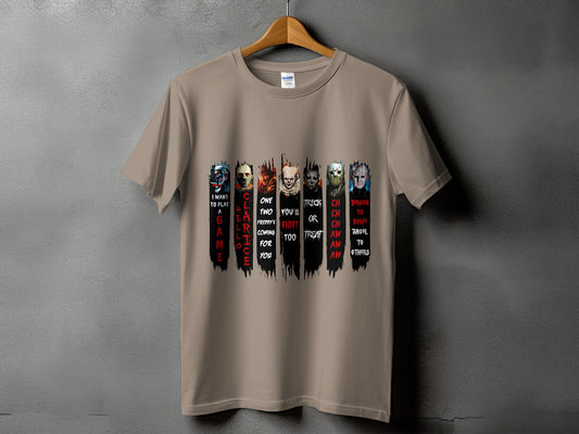 T-shirt with horror characters and text "I WANT TO PLAY A GAME".