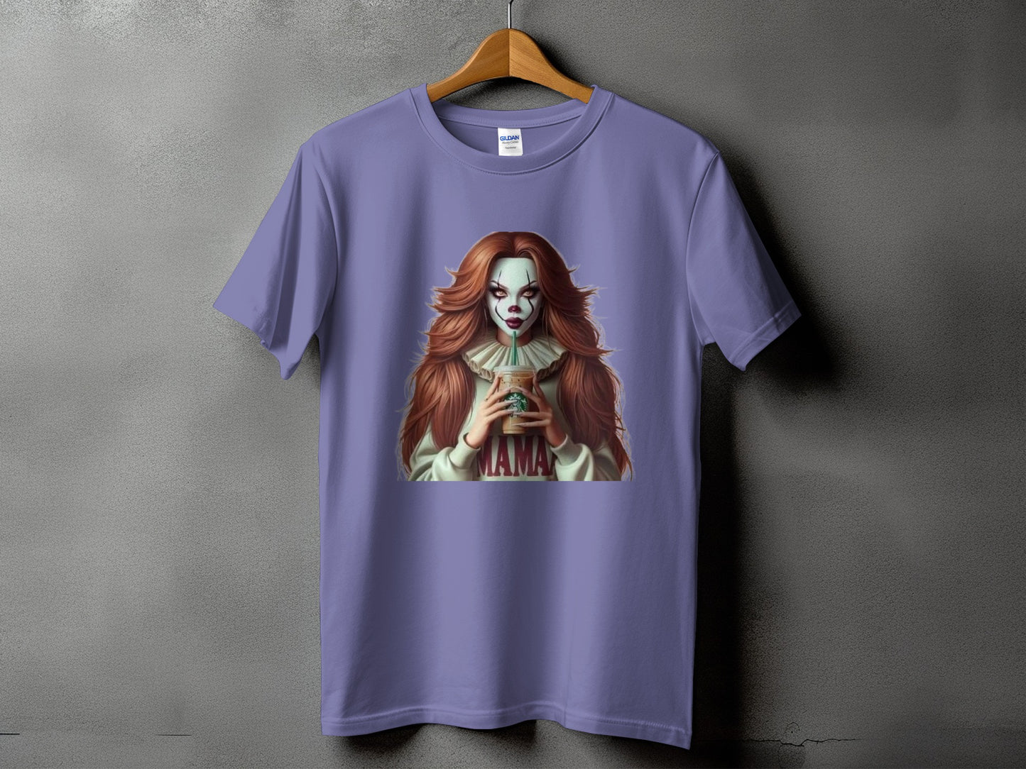 Purple t-shirt with a graphic of a clown holding a Starbucks drink and "MAMA" text.