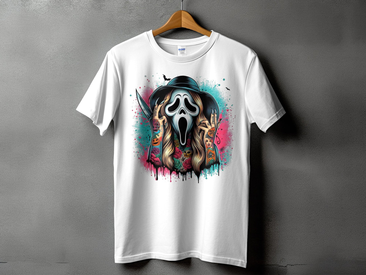 White t-shirt featuring a tattooed Ghostface mask with a knife and Halloween-themed designs.