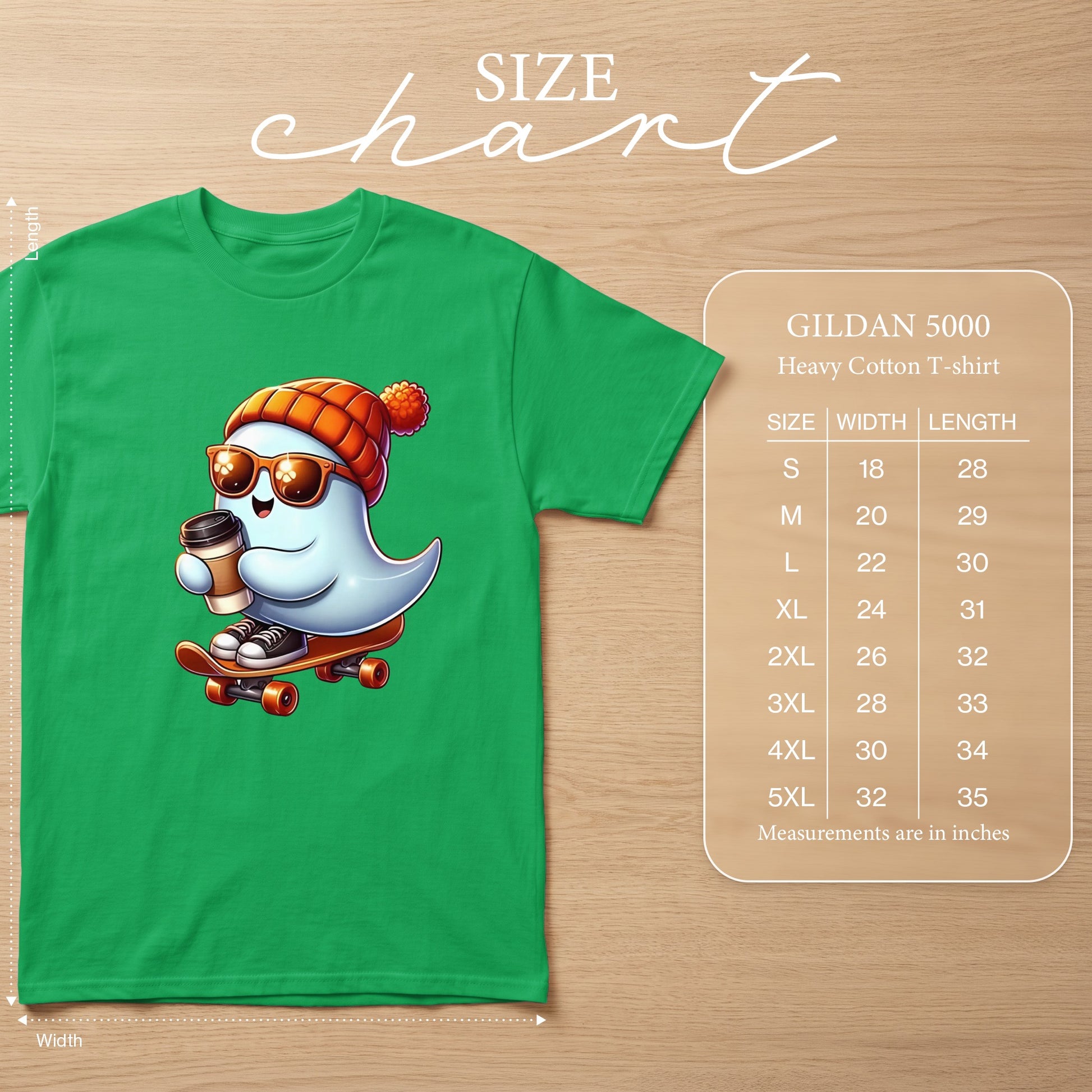 Green t-shirt with a cartoon ghost on a skateboard, holding coffee, and a size chart.