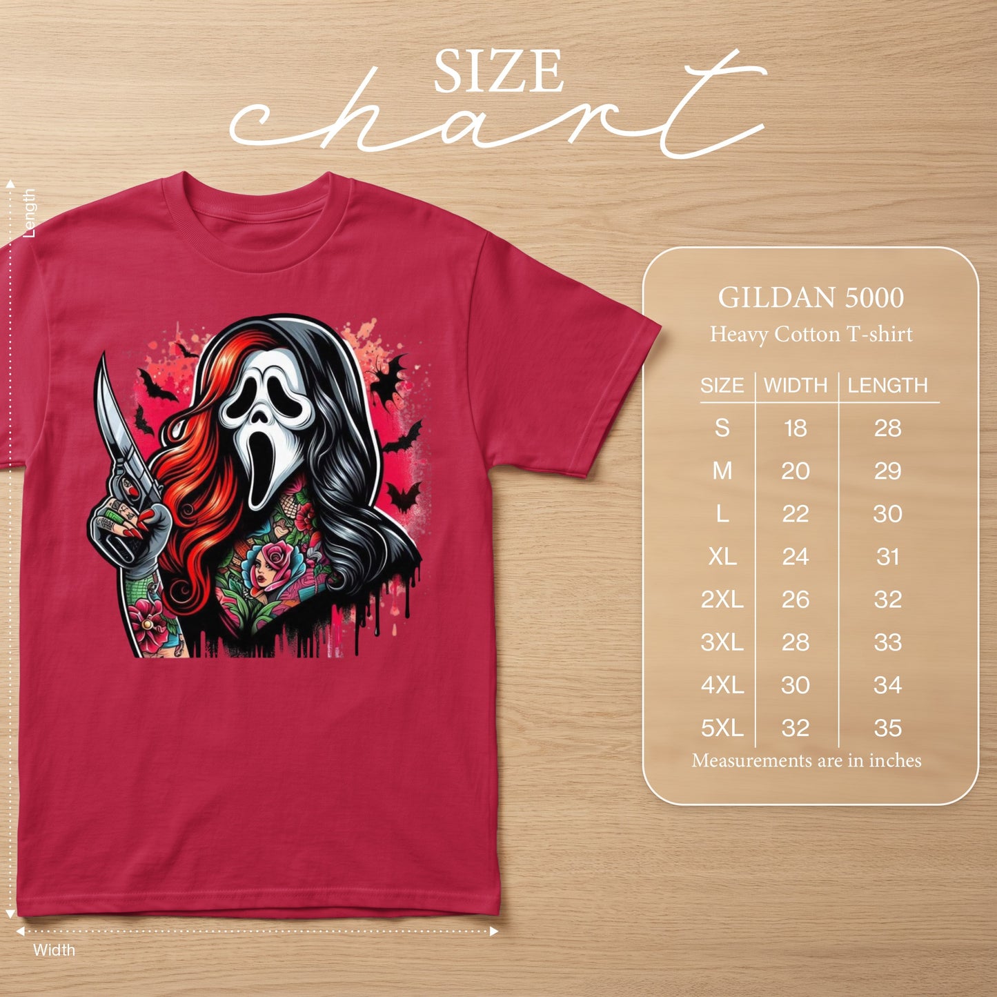 Red t-shirt with a graphic of a character in a Ghostface mask holding a knife, alongside a Gildan 5000 size chart.