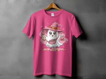Pink t-shirt with a cartoon ghost wearing a witch hat, holding bubble tea and a pumpkin.