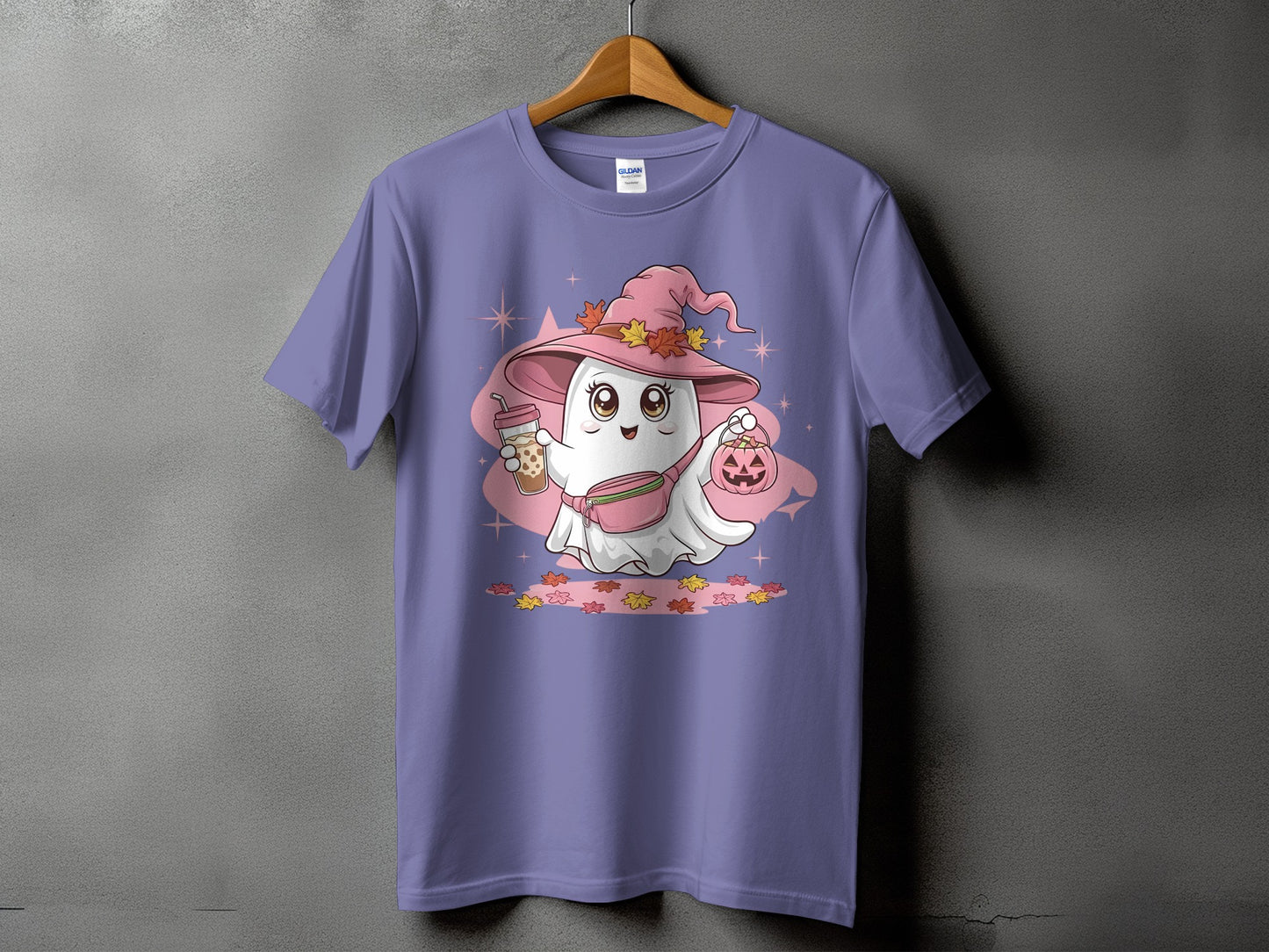 Ghost in witch hat holding bubble tea and pumpkin candy bucket with autumn leaves.