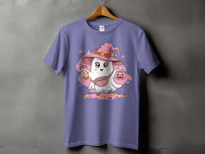 Ghost in witch hat holding bubble tea and pumpkin candy bucket with autumn leaves.