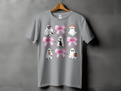Grey t-shirt with a nine-panel graphic featuring ghosts, pink bows, a cat, and Halloween icons.