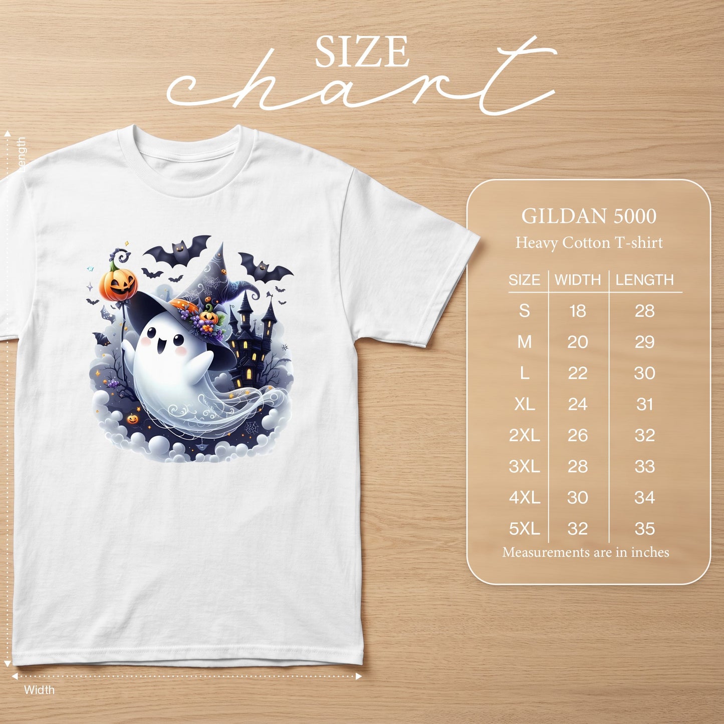 White Gildan 5000 t-shirt with Halloween ghost, castle, bats, and pumpkin graphic. Size chart included.