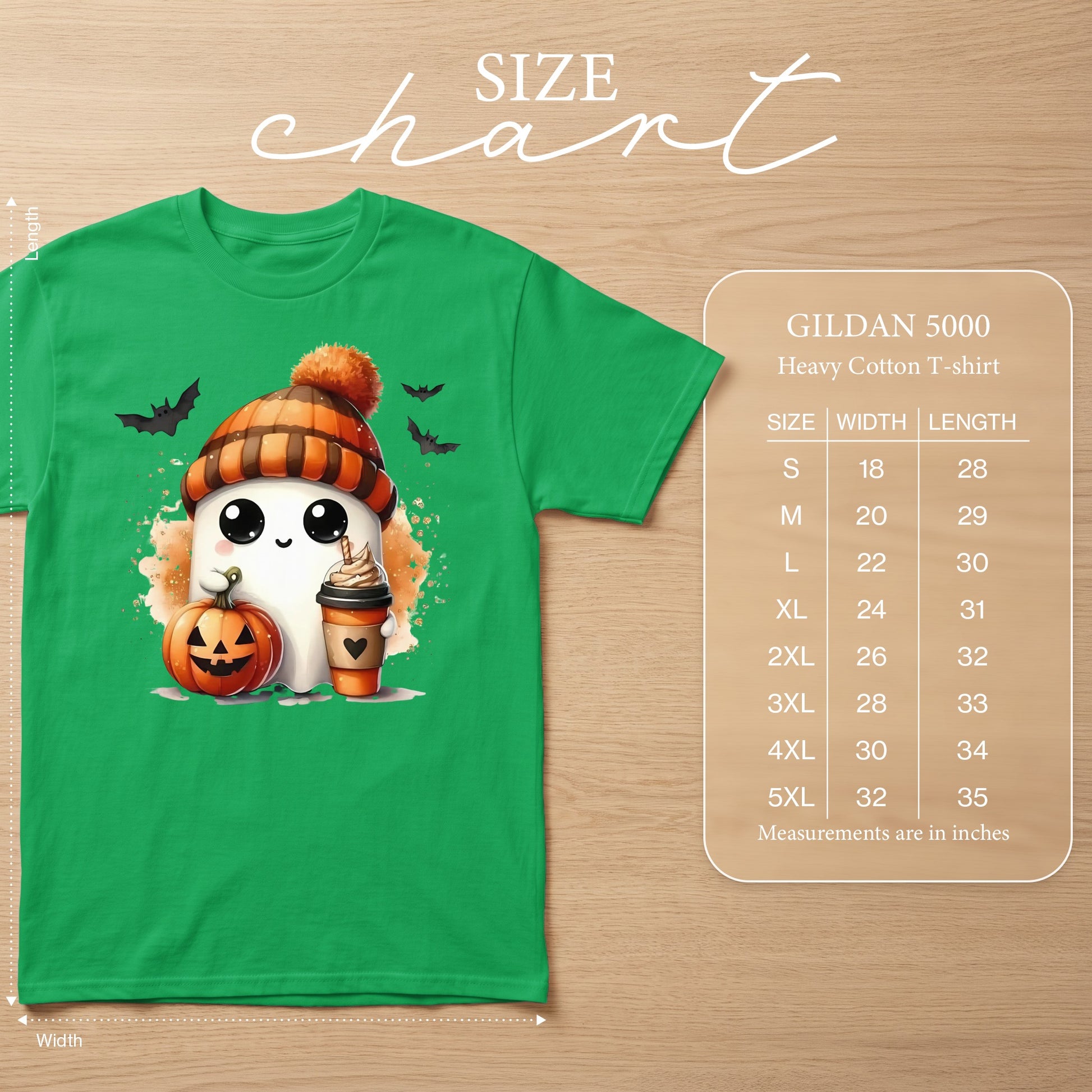 Green Gildan 5000 t-shirt with ghost, pumpkin, bats and coffee design with size chart.