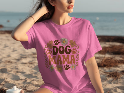 Dog Mama Floral Paw Print Pink Graphic Shirt