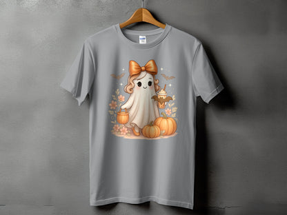 Gray t-shirt with a cute ghost holding pumpkins and a caramel drink.