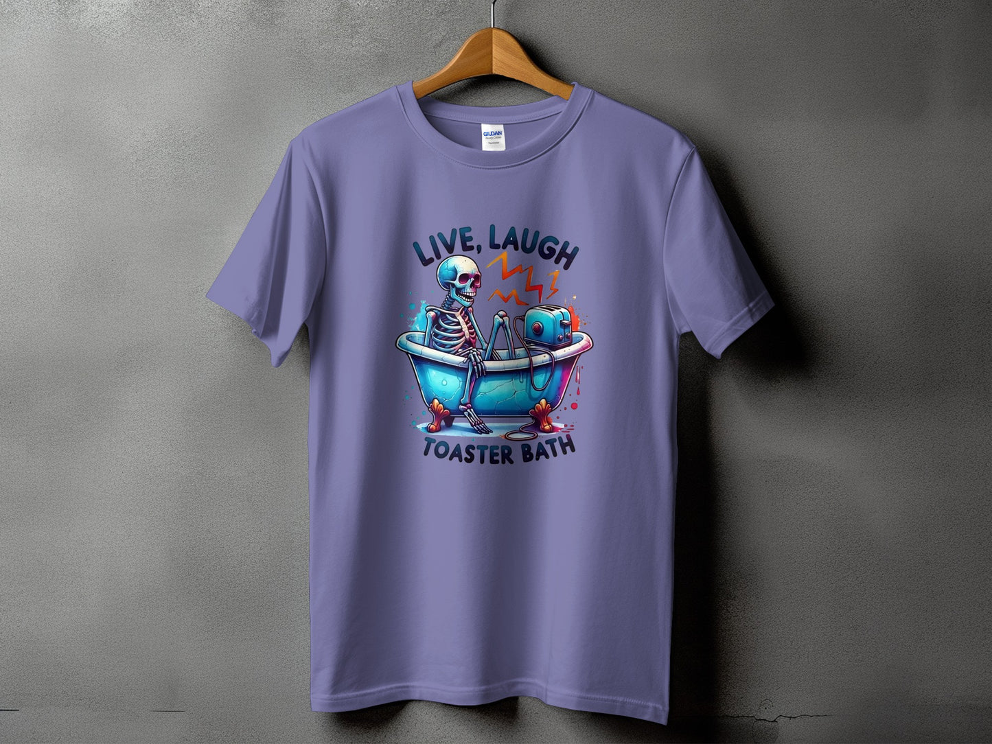 Skeleton in bathtub with toaster, text "LIVE, LAUGH, TOASTER BATH".