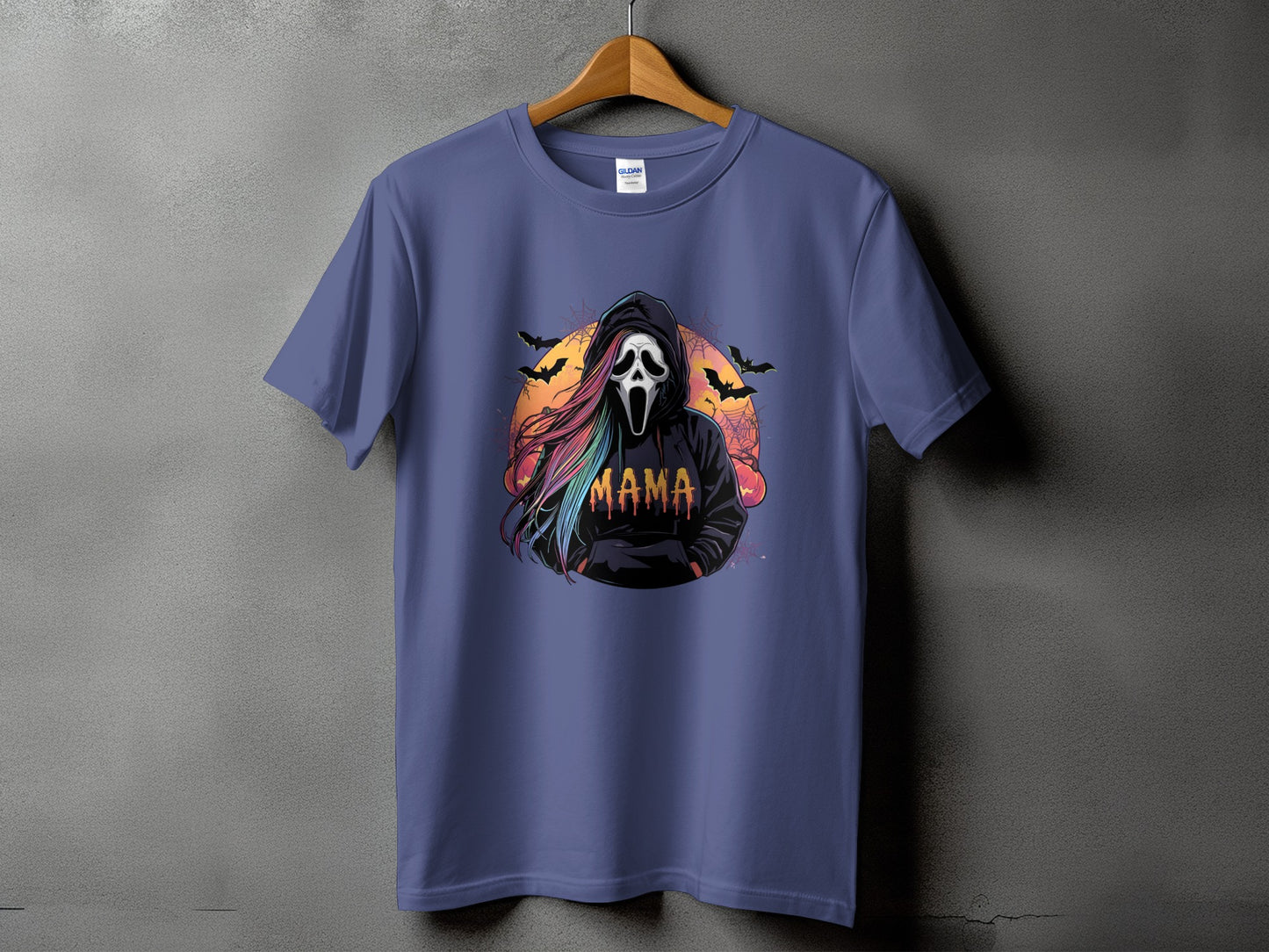 T-shirt with a ghostface design and "Mama" text in dripping letters.