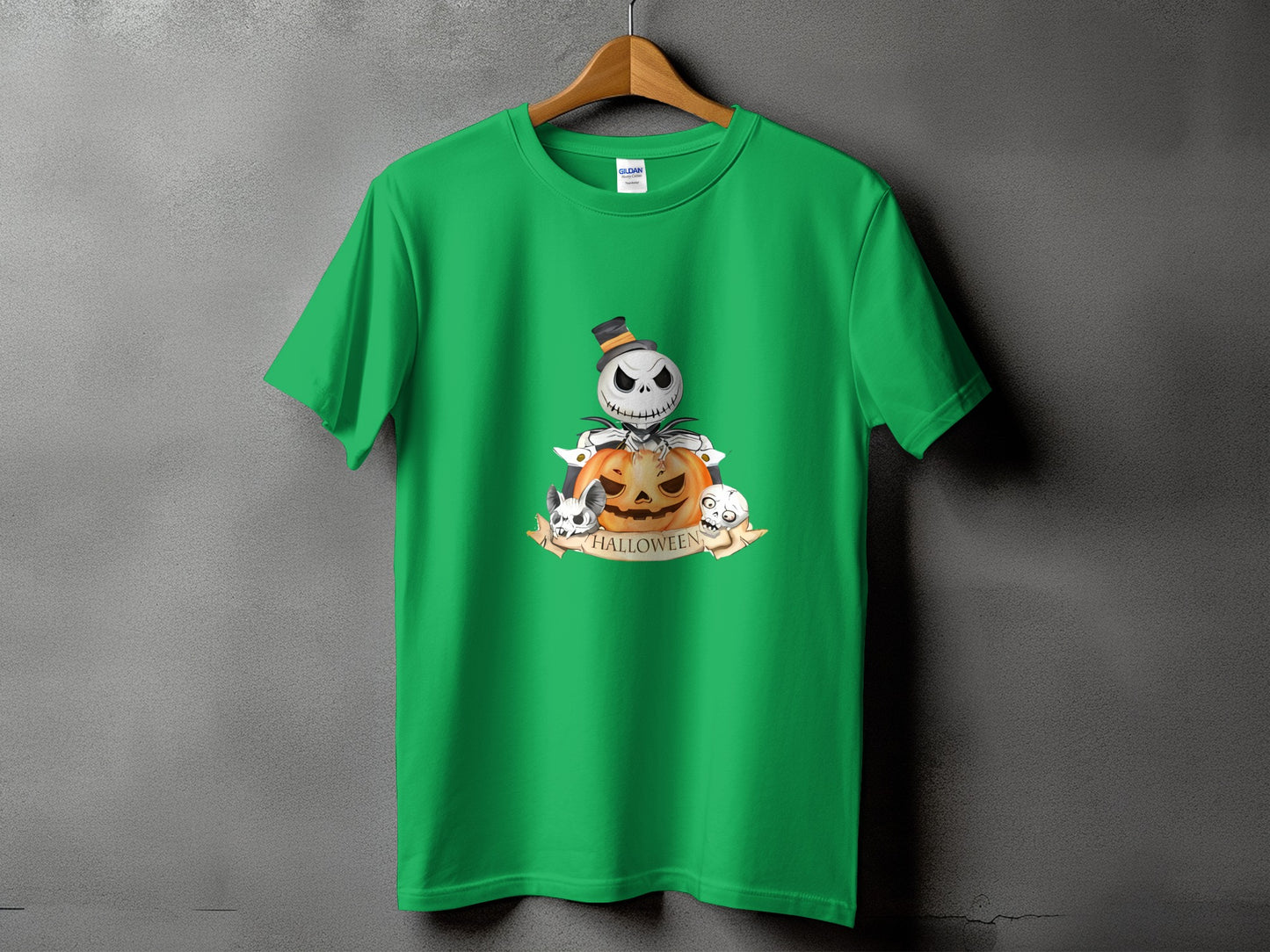 Green t-shirt with a Halloween graphic featuring a skeleton, pumpkin, and skulls.