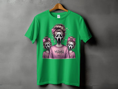 Green t-shirt with "Mama Des" ghost graphic and two smaller ghost characters.