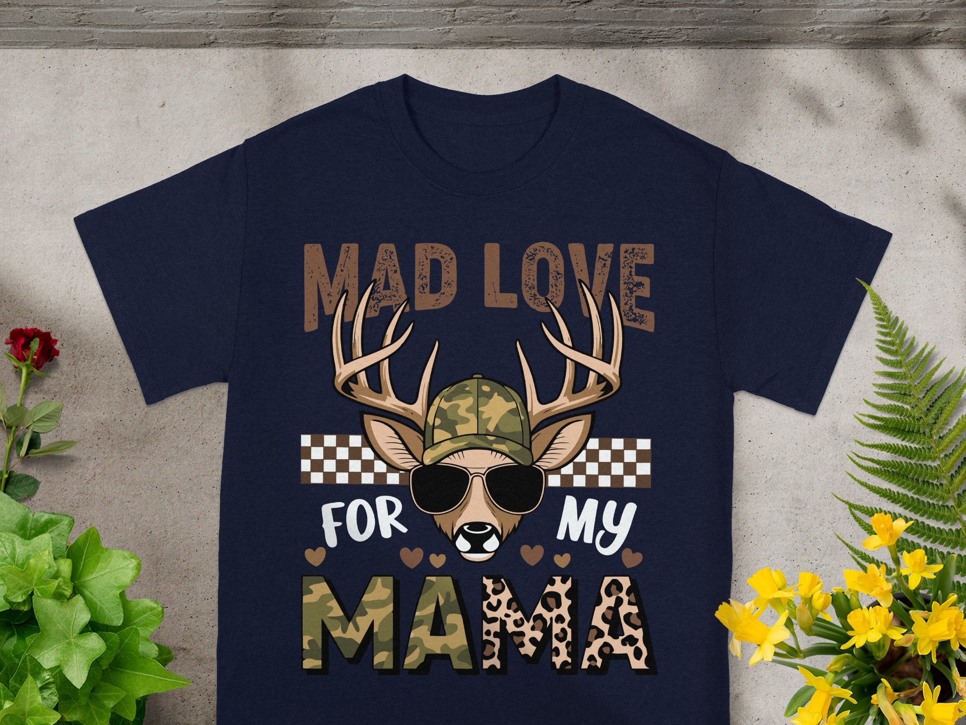 Navy t-shirt with deer graphic and text "MAD LOVE FOR MY MAMA".