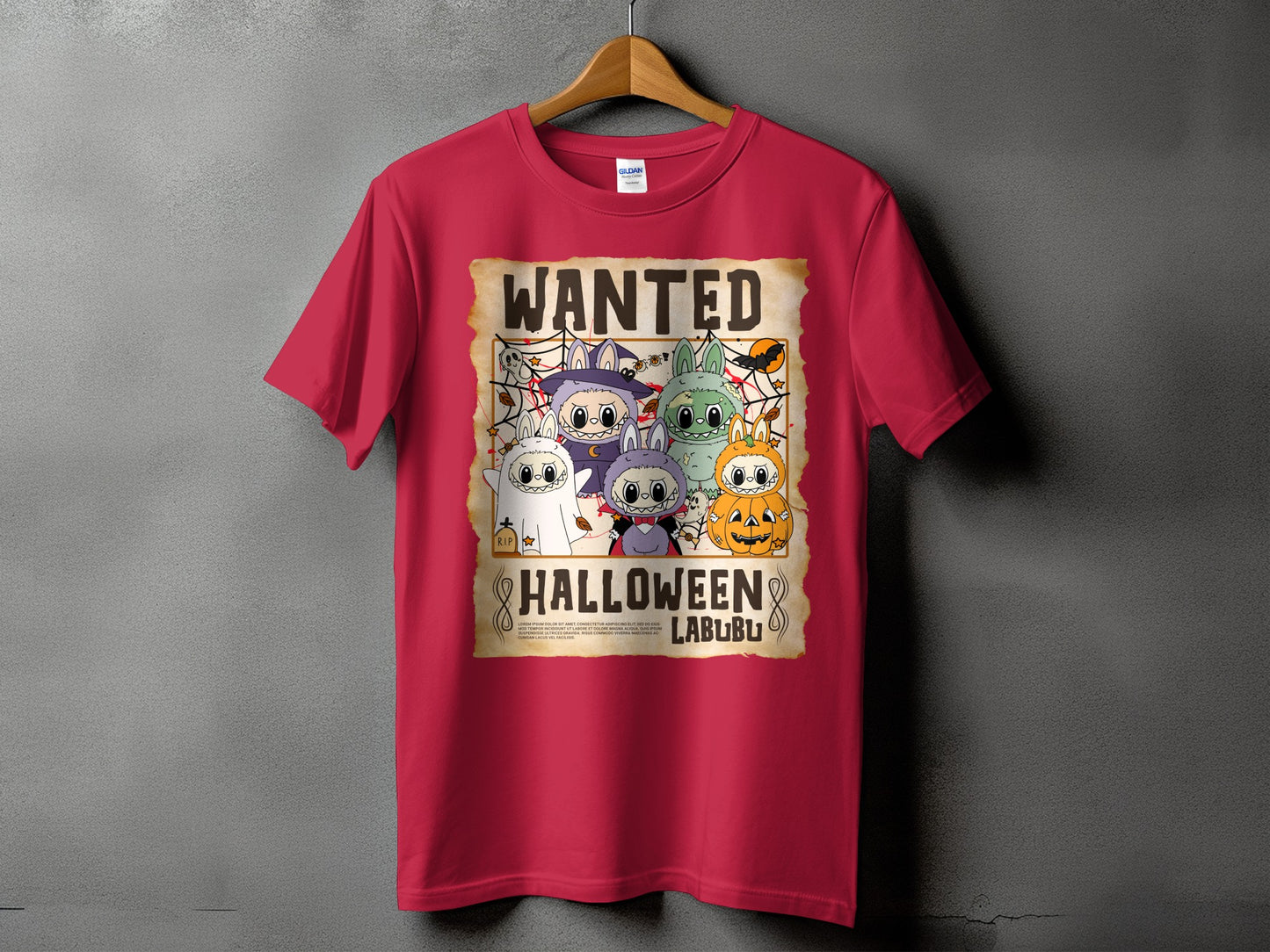 Red t-shirt with a Halloween wanted poster design featuring cartoon characters.