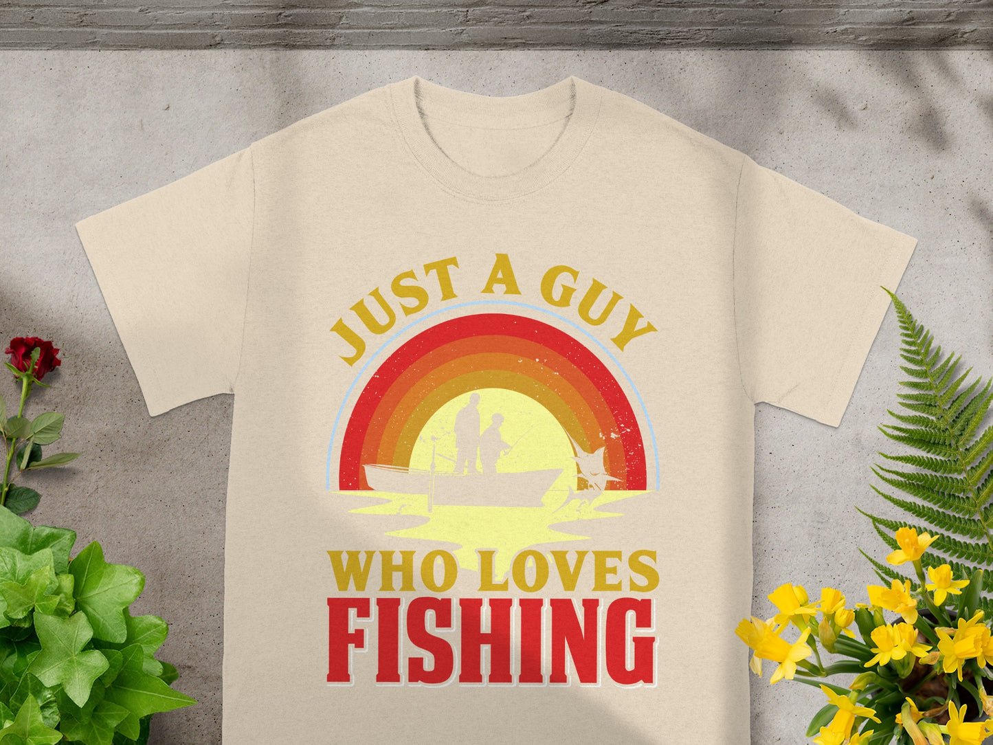 T-shirt with "Just a guy who loves fishing" text and fishing boat graphic.