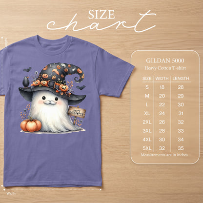 Purple t-shirt with cute ghost wearing witch hat, pumpkin, and "Happy Halloween" sign. Size chart included.