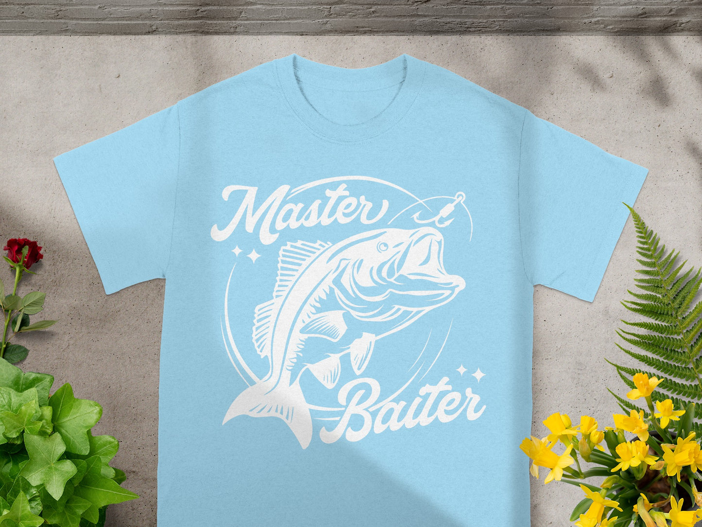 Light blue t-shirt with white "Master Baiter" text and a jumping fish graphic.