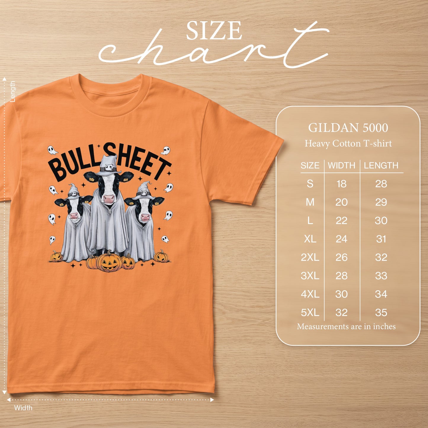 Orange t-shirt with cows dressed as ghosts, saying "BULL SHEET" and Halloween pumpkins.