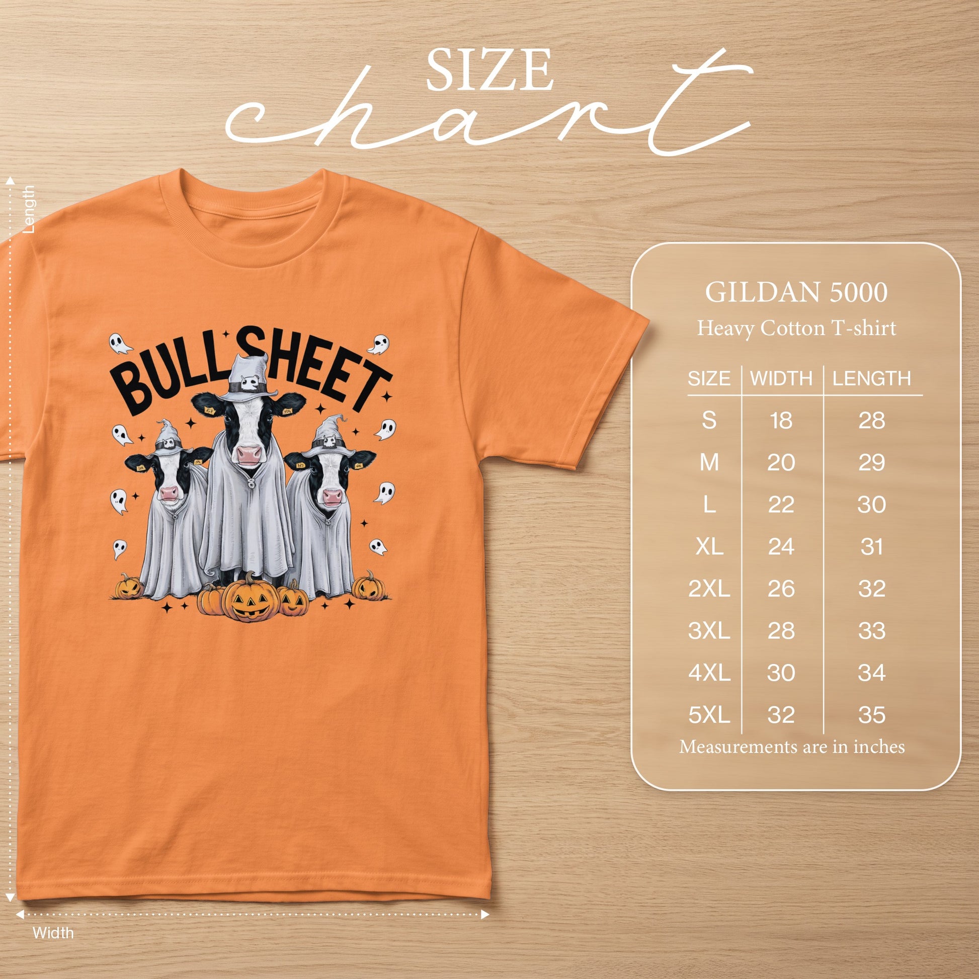 Orange t-shirt with cows dressed as ghosts, saying "BULL SHEET" and Halloween pumpkins.