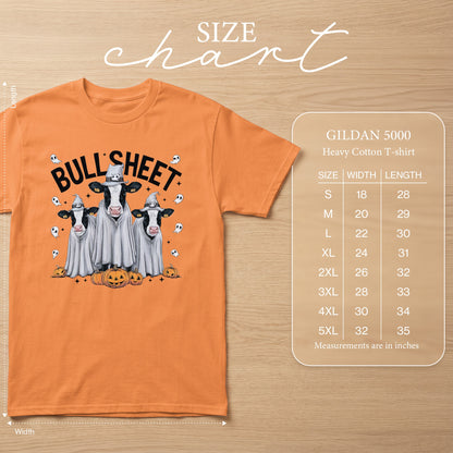 Orange t-shirt with cows dressed as ghosts, saying "BULL SHEET" and Halloween pumpkins.