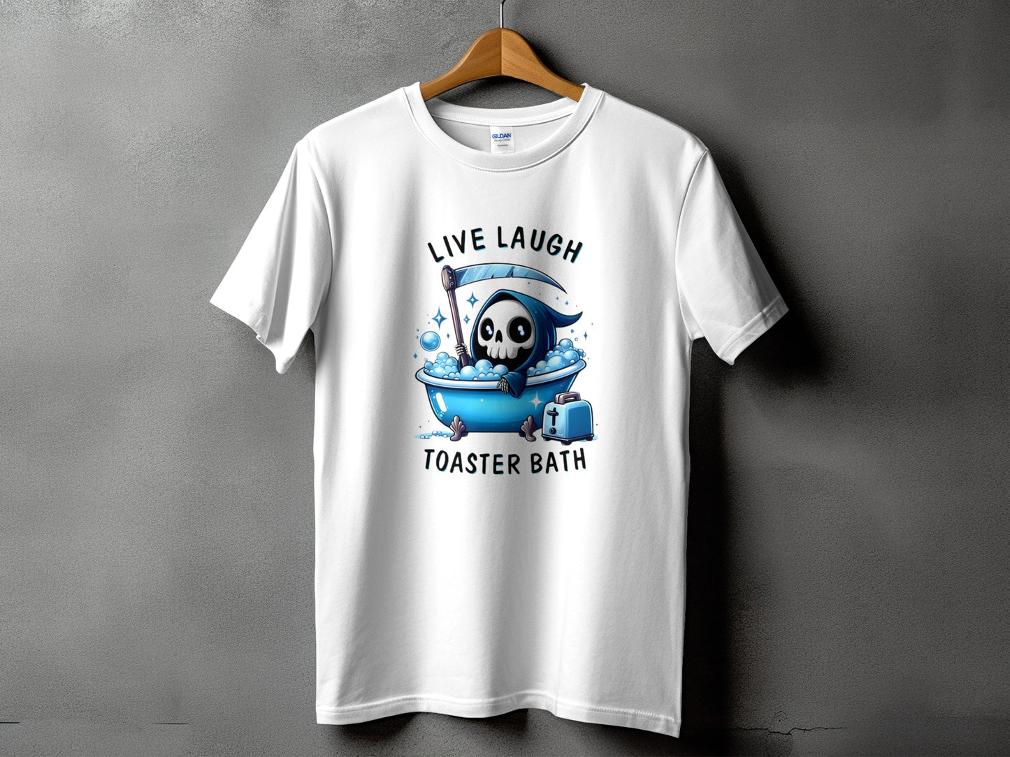 White t-shirt with Grim Reaper in bathtub and text "LIVE LAUGH TOASTER BATH."